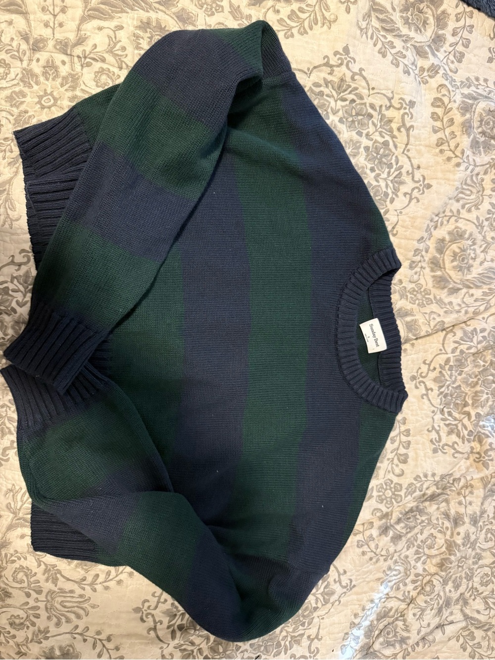 Aritzia Navy and Dark Green Striped Crewneck Sweater